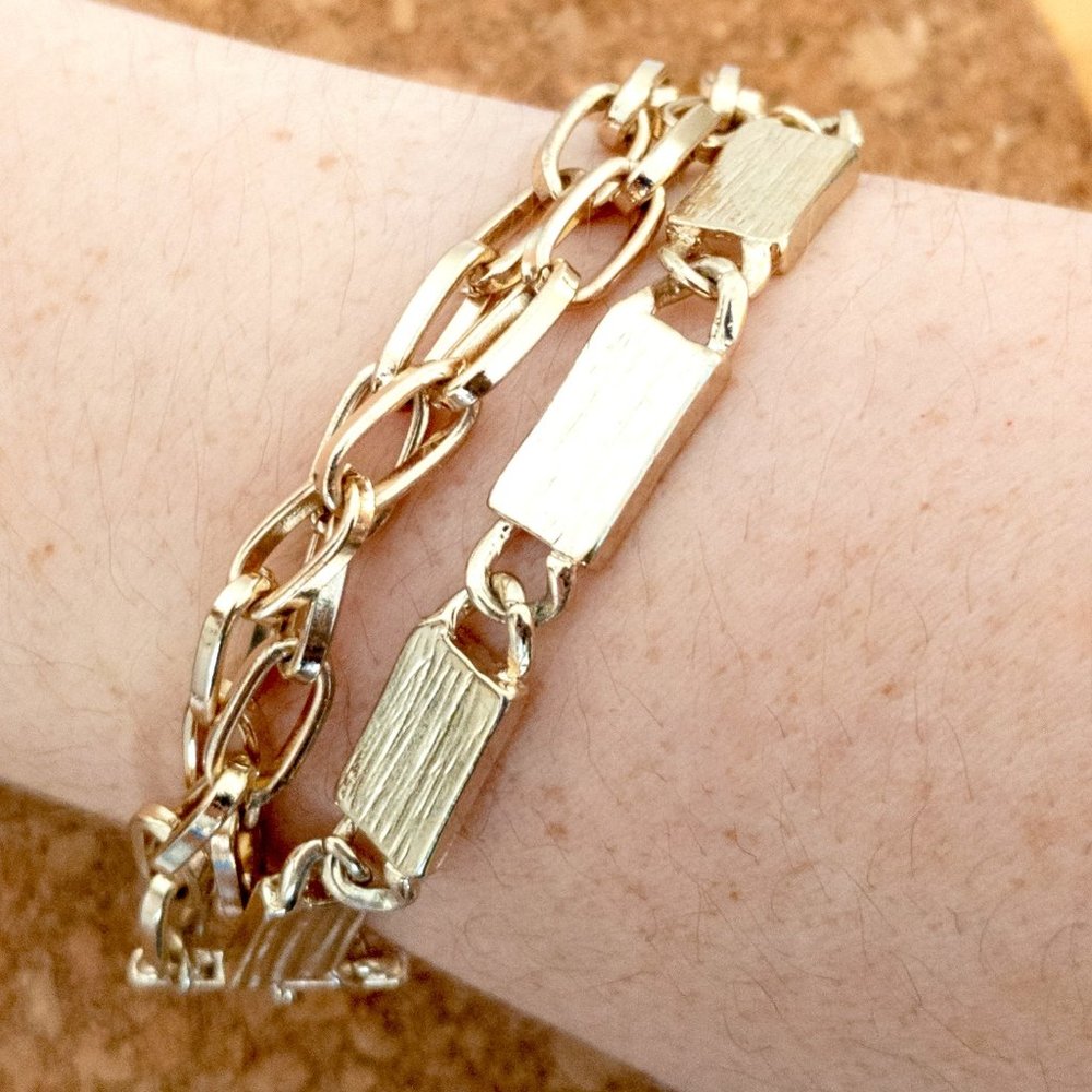 Vintage Layered Gold Tone Chain Bracelet Adjustable Multi Strand Bar Metallic